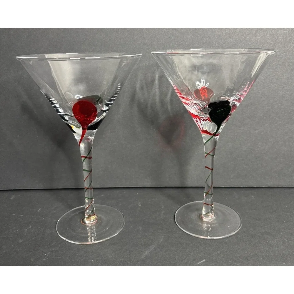 2 Pier 1 Martini Glasses Red Green Teardrop Optic Swirl Stripe 7 5/8